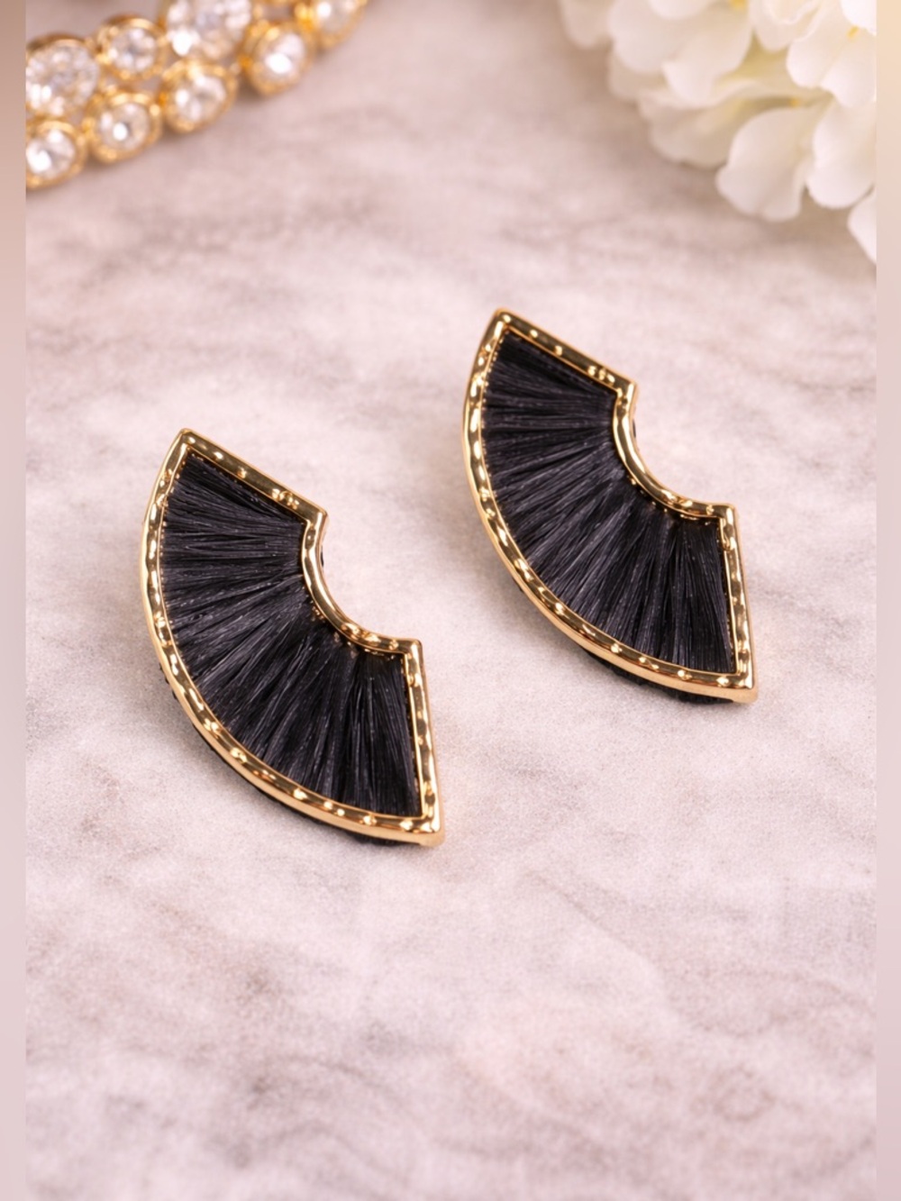 🎂Gold Frame Black Fan Tassel Stud Earrings - Women's Jewelry